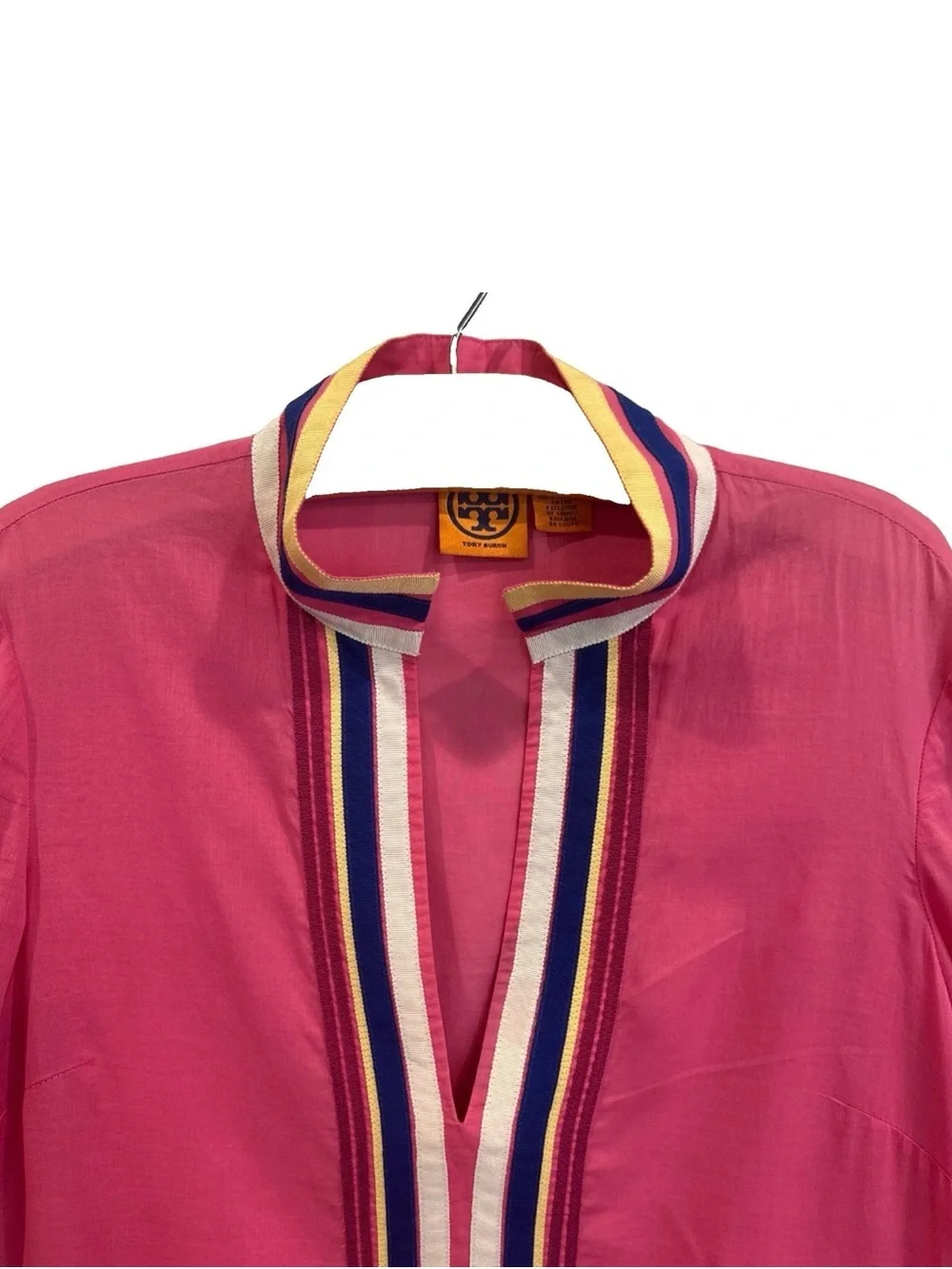 Tory Burch Pink Tunic Contrast Yellow White Blue Grossgrain Trim